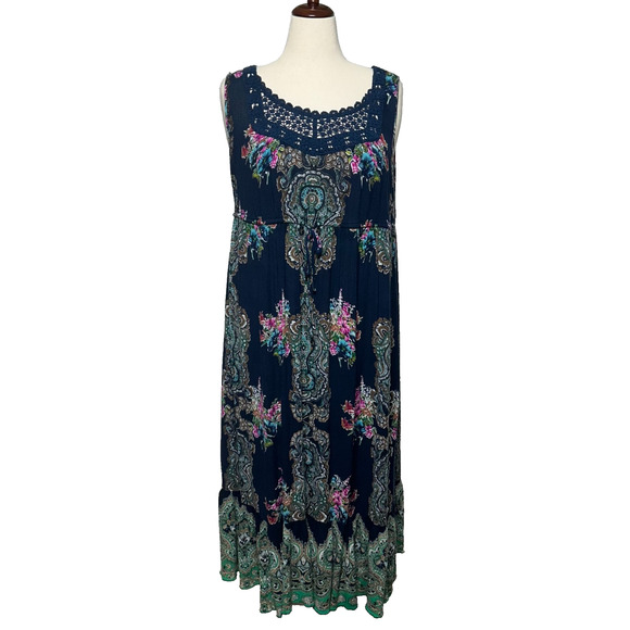 Bila Maxi Dress XL Blue Floral Crochet Tiered Cottagecore Boho Sleeveless Beachy - Picture 1 of 12